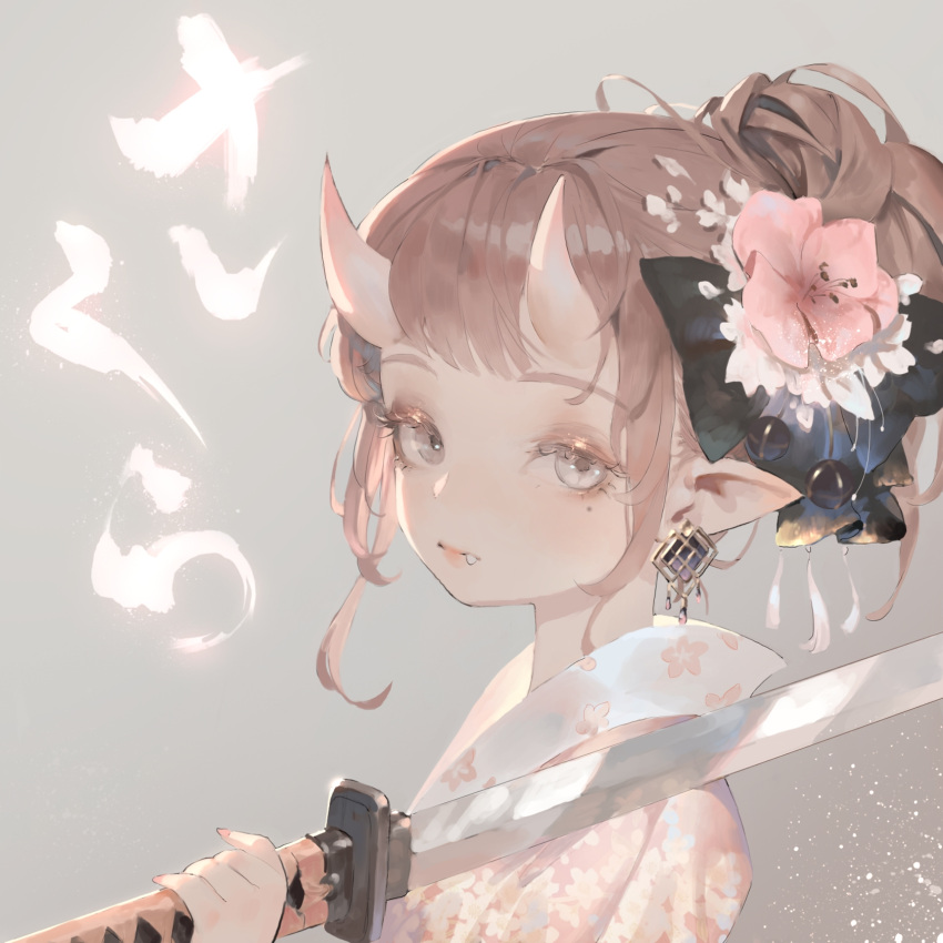 1girl cherry_blossom_print commentary earrings english_commentary expressionless eyelashes fang floral_print flower grey_eyes hair_flower hair_ornament high_ponytail highres horns jewelry jung_wonjo kanzashi katana light_brown_hair looking_at_viewer mole mole_under_eye oni oni_horns original over_shoulder pink_nails pointy_ears sidelocks solo sword sword_over_shoulder upper_body weapon weapon_over_shoulder