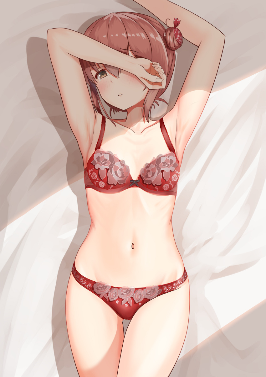 1girl ass_visible_through_thighs bed_sheet blush bra brown_eyes brown_hair collarbone cowboy_shot double_bun eyebrows_visible_through_hair hair_between_eyes highres kantai_collection navel panties parted_lips red_bra red_panties short_hair solo tan_yang_(kancolle) tears underwear underwear_only yukikaze_(kancolle) zuki