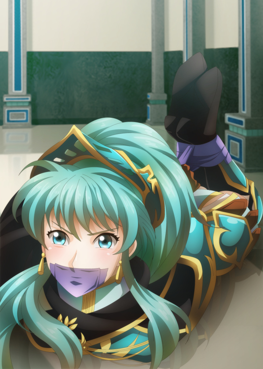 1girl absurdres armor blue_eyes blue_hair bound bound_ankles bound_wrists commission cosplay earrings eirika_(fire_emblem) ephraim_(fire_emblem) ephraim_(fire_emblem)_(cosplay) fire_emblem fire_emblem_heroes gag gagged highres hogtie huge_filesize improvised_gag jewelry long_hair looking_at_viewer narutorenegado01 ponytail solo tape tape_gag