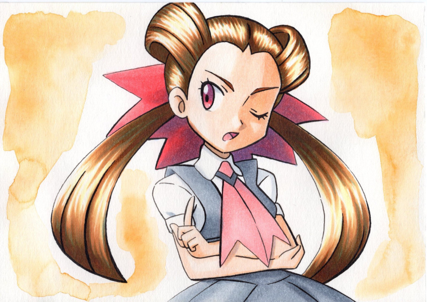 1girl ascot brown_background brown_hair collared_shirt commentary dress eyelashes grey_dress hair_ribbon highres index_finger_raised long_hair looking_to_the_side oka_mochi one_eye_closed open_mouth pink_neckwear pink_ribbon pokemon pokemon_(game) pokemon_oras ribbon roxanne_(pokemon) shiny shiny_hair shirt short_sleeves solo tongue traditional_media upper_body violet_eyes white_shirt