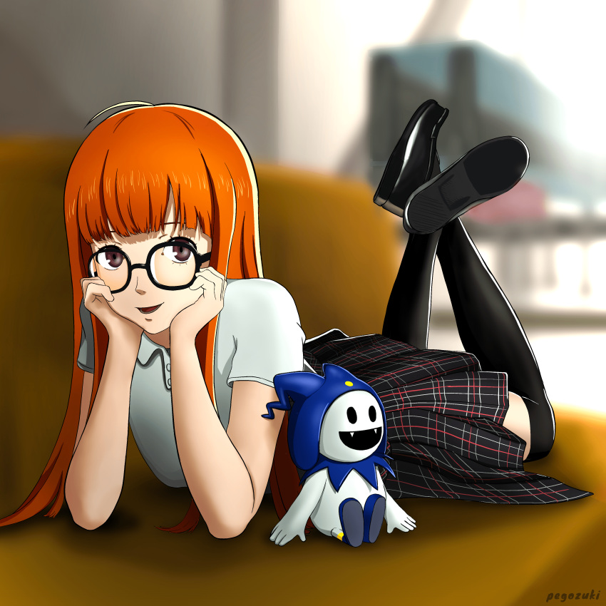 1girl absurdres ahoge arms_up bangs black_footwear black_legwear black_skirt blunt_bangs blurry blurry_background collar collared_shirt couch dress_shirt feet_up glasses hands_on_own_cheeks hands_on_own_face hands_up happy highres hime_cut jack_frost legs_up long_hair lying on_couch on_stomach open_mouth orange_hair pegozuki persona persona_5 pleated_skirt sakura_futaba school_uniform shirt shoes short_sleeves shuujin_academy_uniform simple_background skirt smile solo stuffed_toy teeth thigh-highs v_arms white_shirt