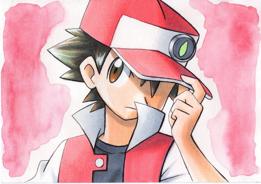 1boy badge bangs baseball_cap black_shirt brown_eyes brown_hair closed_mouth commentary_request hand_on_headwear hand_up hat highres male_focus oka_mochi pink_background pokemon pokemon_(game) pokemon_rgby popped_collar red_(pokemon) red_headwear shirt short_hair solo spiky_hair traditional_media upper_body white_shirt