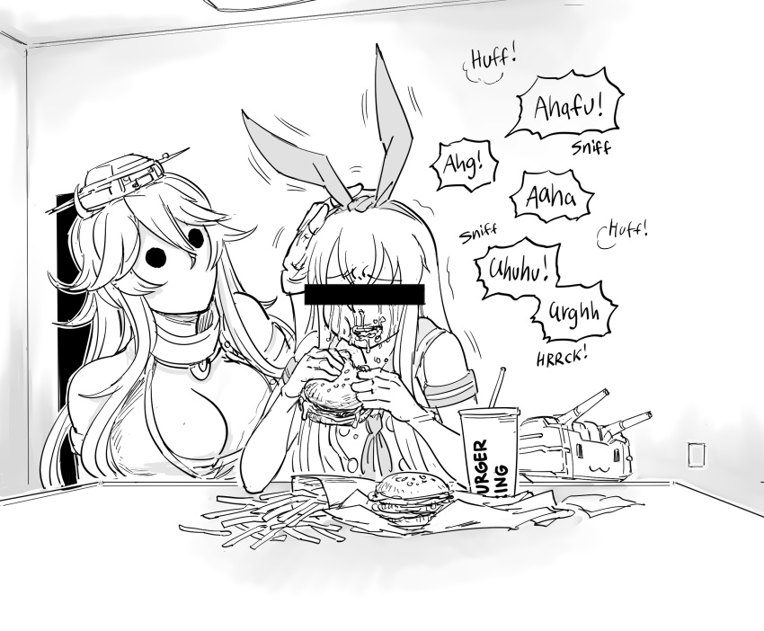 2girls bar_censor bb_(baalbuddy) blank_room_soup burger burger_king censored crop_top crying cup disposable_cup eating elbow_gloves english_commentary english_text fast_food fingerless_gloves food french_fries gloves hand_on_another's_head highres iowa_(kancolle) kantai_collection long_hair miniskirt monochrome multiple_girls rensouhou-chan school_uniform serafuku shimakaze_(kancolle) skirt sound_effects thigh-highs