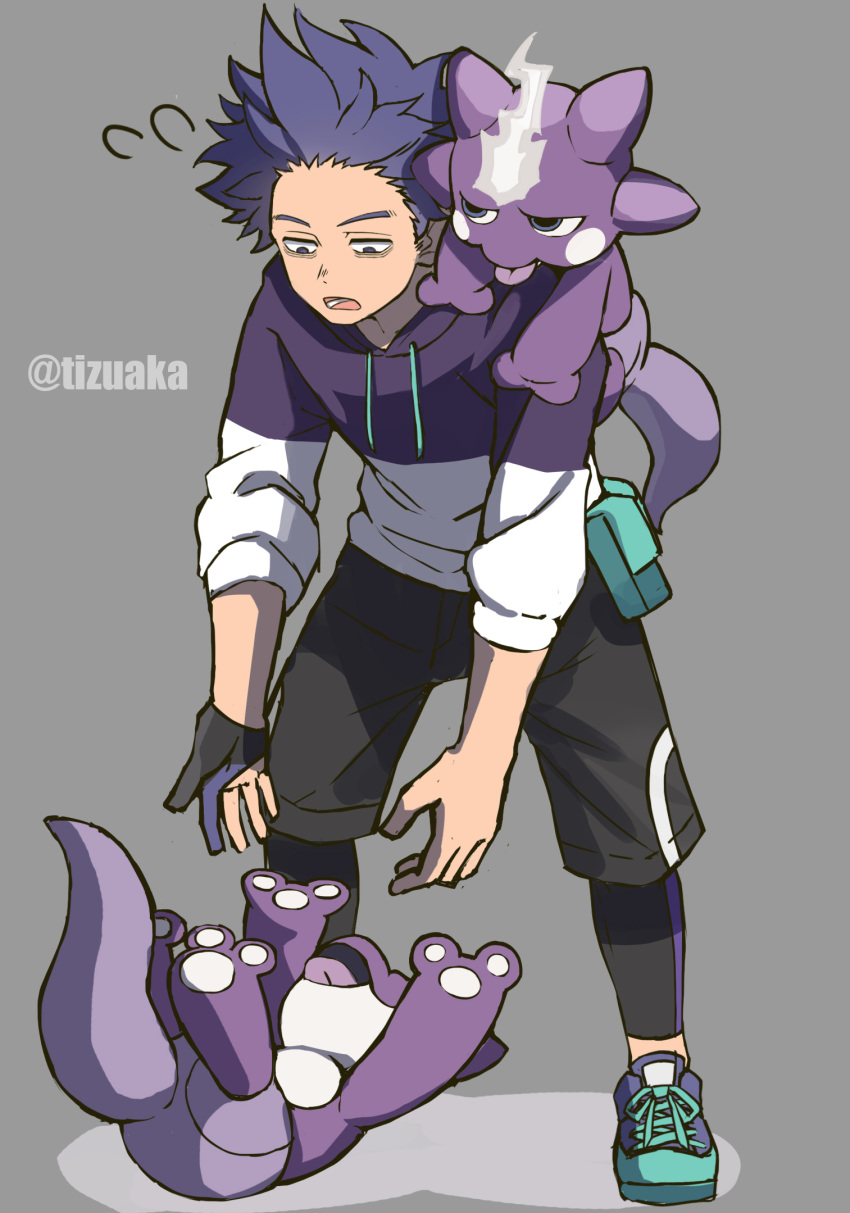 1boy black_shorts boku_no_hero_academia commentary_request crossover flying_sweatdrops gloves green_bag grey_background grey_footwear highres hood hoodie leggings looking_down lower_teeth male_focus on_shoulder open_mouth partially_fingerless_gloves pokemon pokemon_(creature) pokemon_on_shoulder shinsou_hitoshi shoes shorts single_glove spiky_hair tonbanlove tongue toxel