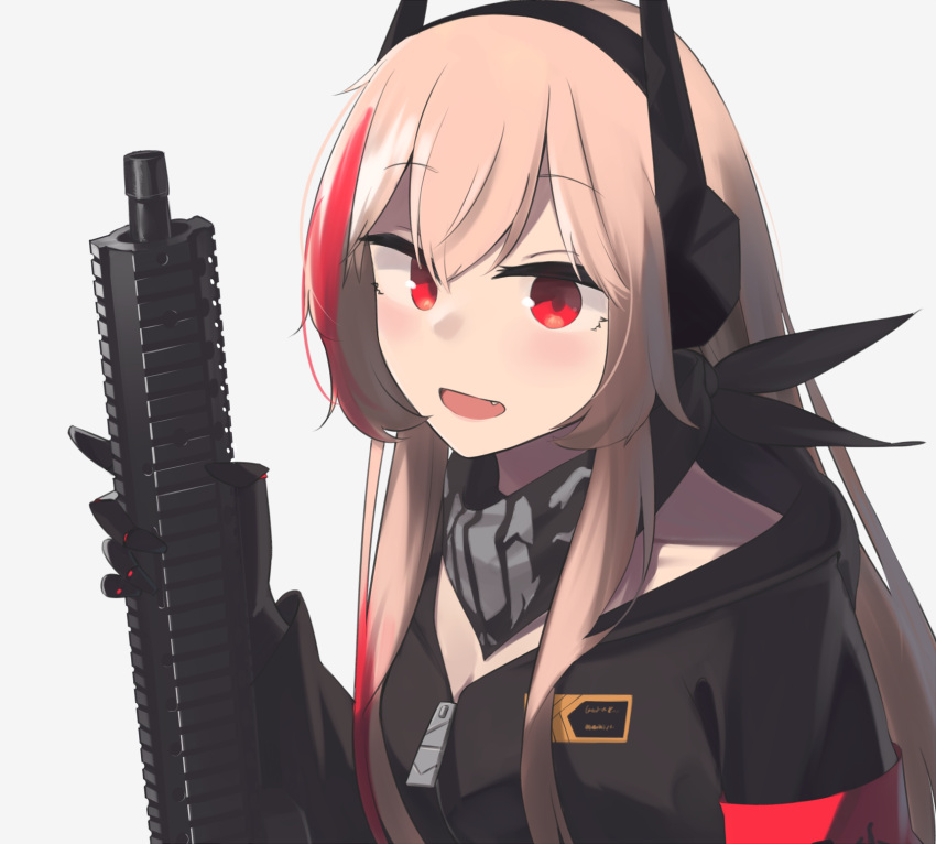 1girl black_gloves black_jacket black_scarf breasts eyebrows_visible_through_hair girls_frontline gloves headphones highres hinami047 holding holding_weapon jacket long_hair looking_at_viewer m4_sopmod_ii m4_sopmod_ii_(girls'_frontline) multicolored_hair open_mouth pink_hair red_eyes scarf smile solo_focus weapon white_background