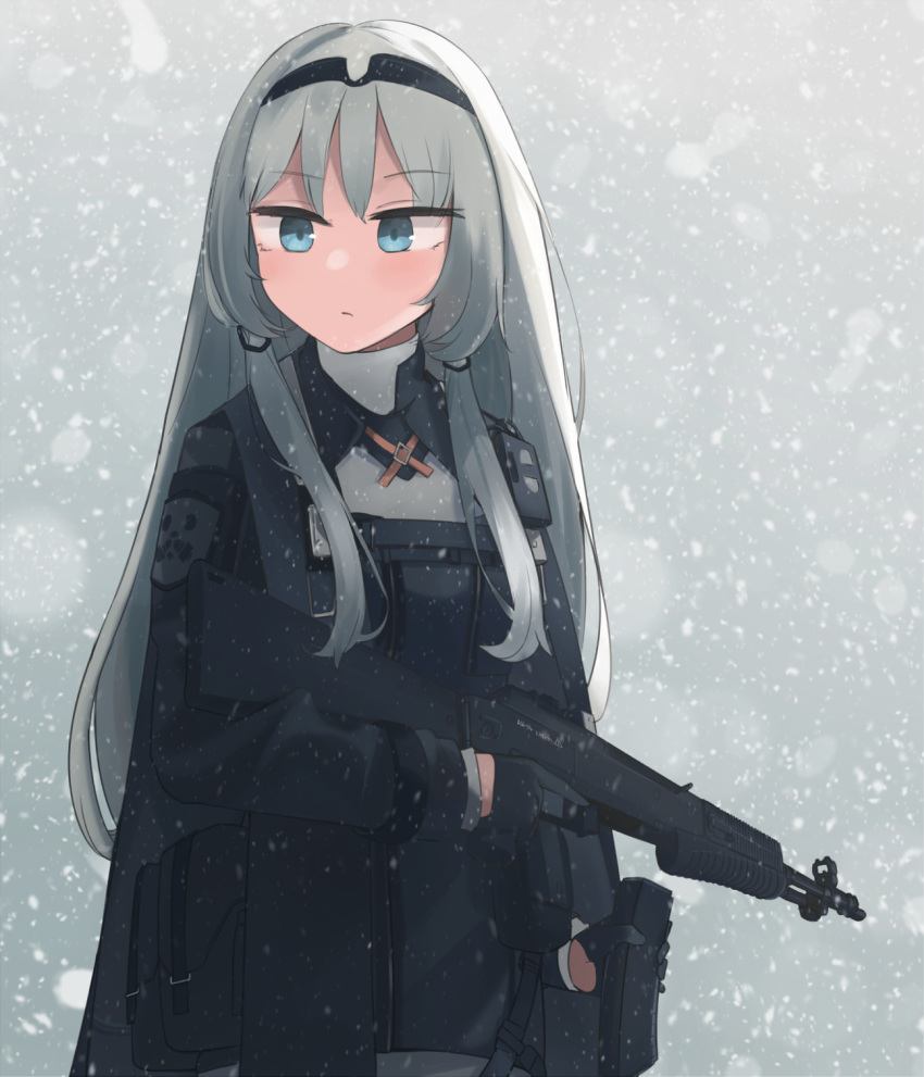 1girl an-94 an-94_(girls'_frontline) aqua_eyes assault_rifle black_gloves closed_mouth eyebrows_visible_through_hair feet_out_of_frame girls_frontline gloves gun hair_ornament hairband hairclip highres hinami047 holding holding_weapon long_hair looking_at_viewer platinum_blonde_hair rifle snowflake_background snowflakes solo standing uniform weapon