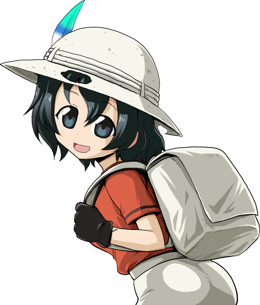 1girl backpack bag bangs black_eyes black_gloves black_hair commentary_request from_behind gloves hat_feather helmet highres kaban_(kemono_friends) kamishima_kanon kemono_friends leaning_forward looking_at_viewer looking_back open_mouth pith_helmet red_shirt shirt short_hair short_sleeves shorts simple_background smile solo wavy_hair white_background white_shorts
