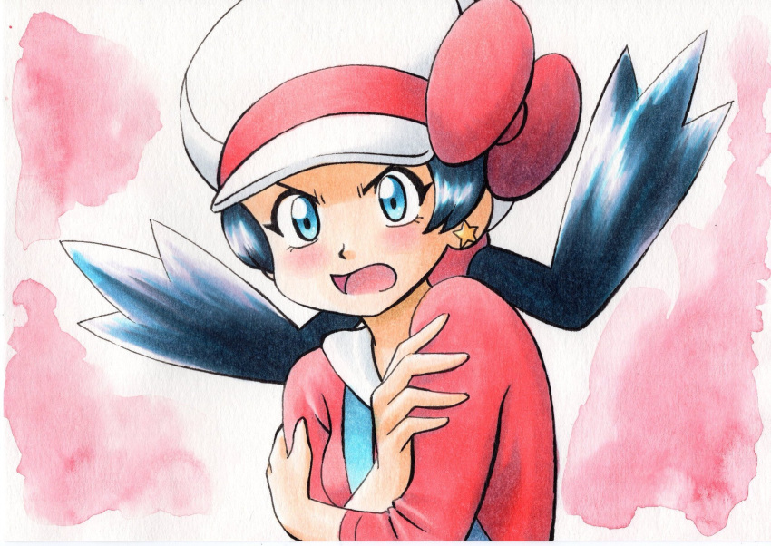 1girl black_hair blue_eyes blue_overalls blush bow cabbie_hat commentary_request crossed_arms earrings eyelashes hands_up hat hat_bow highres jewelry kris_(pokemon) long_hair oka_mochi open_mouth pink_background pokemon pokemon_adventures red_bow red_shirt shiny shiny_hair shirt solo star_(symbol) star_earrings tongue traditional_media twintails upper_body white_headwear