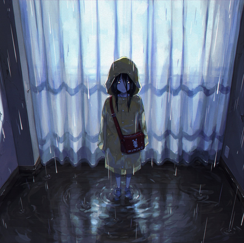 1girl bag black_bag black_hair bright_pupils curtains highres hood hood_up long_hair nashiko_(nanaju_ko) original ripples shoulder_bag solo standing water white_pupils wide_shot