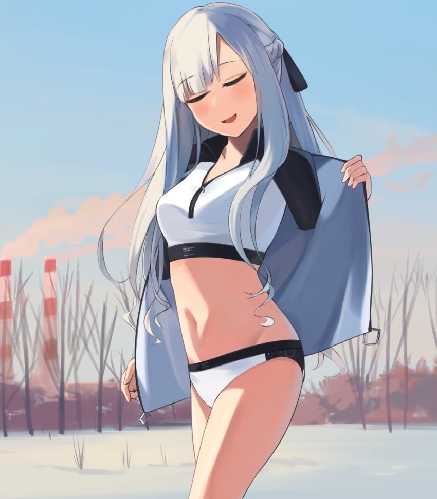 1girl ak-12_(girls'_frontline) black_ribbon blush braid breasts closed_eyes french_braid girls_frontline hair_ribbon highres hinami047 jacket long_hair medium_breasts open_clothes open_jacket open_mouth panties removing_jacket ribbon russia scenery silver_hair smile solo sportswear standing tank_top underwear white_jacket white_panties white_tank_top