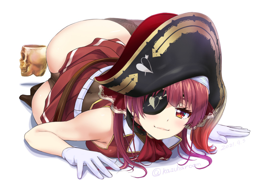 1girl black_headwear black_panties closed_mouth commentary_request dated eyepatch gloves hair_ribbon haruyama_kazunori hat hololive houshou_marine looking_at_viewer lying panties pirate_hat red_eyes red_ribbon redhead ribbon short_hair simple_background smile solo thigh-highs twintails twitter_username underwear virtual_youtuber white_background white_gloves