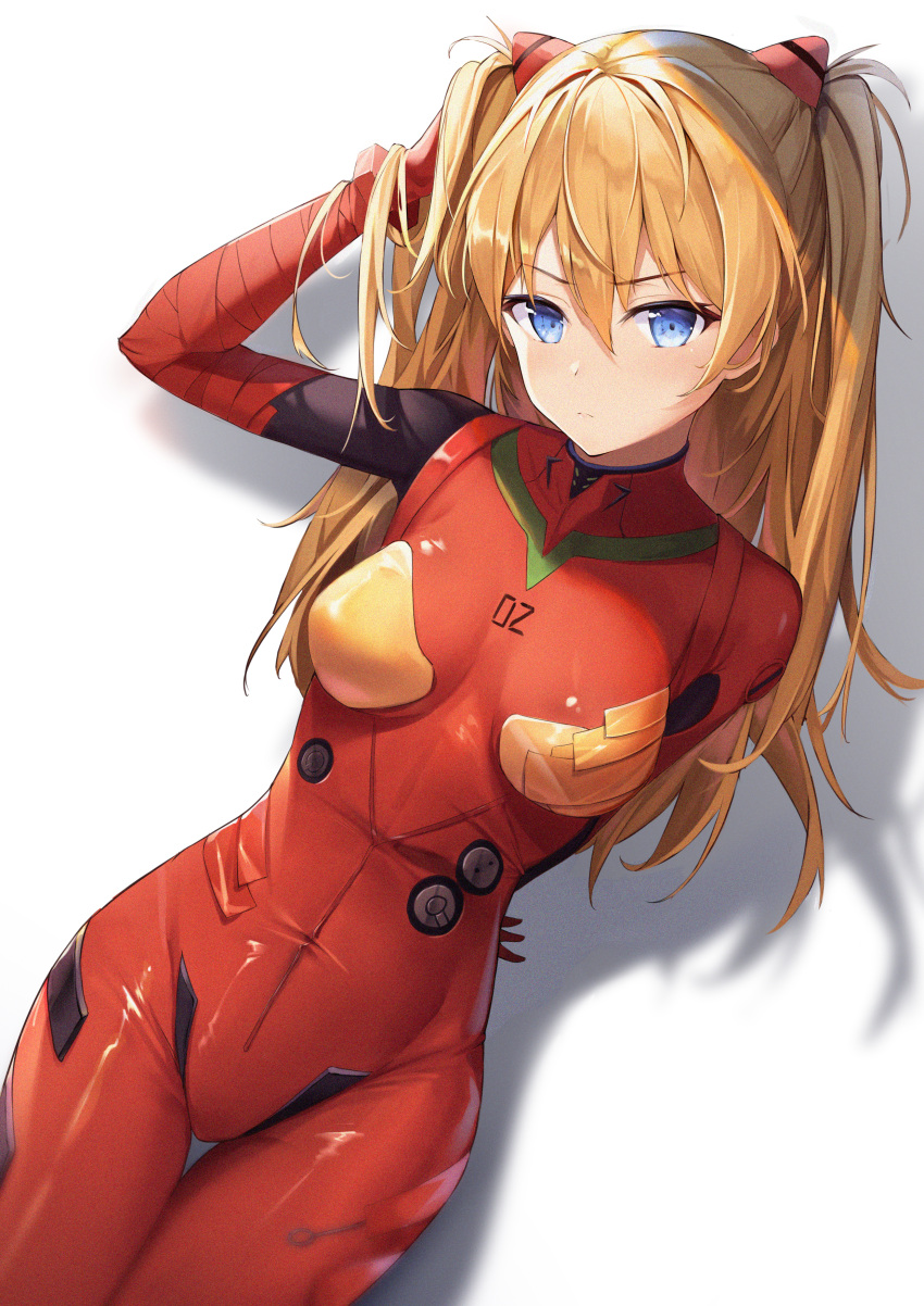 1girl absurdres bangs beten blue_eyes blush bodysuit breasts brown_hair closed_mouth cowboy_shot dutch_angle hair_between_eyes hair_ornament hand_in_hair highres huge_filesize neon_genesis_evangelion plugsuit red_bodysuit shadow solo souryuu_asuka_langley thigh_gap tight two_side_up v-shaped_eyebrows