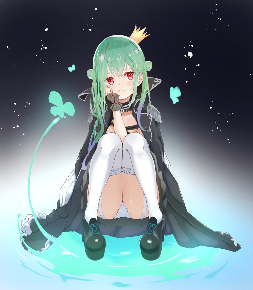 1girl :t absurdres asymmetrical_hair black_choker black_coat black_dress blush choker coat coat_on_shoulders crown double_bun dress epaulettes ereshkigal_(fate) flat_chest frilled_legwear frilled_straps garter_straps gradient_hair green_hair hand_on_own_cheek hand_on_own_face head_rest highres hololive knees_up mini_crown multicolored_hair off-shoulder_dress off_shoulder panties pantyshot platform_footwear platform_heels popped_collar pout purple_hair red_eyes shoes sidelocks sideways_glance sitting solo spika thigh-highs tilted_headwear twintails underwear uneven_twintails upskirt uruha_rushia virtual_youtuber white_garter_straps white_legwear white_panties