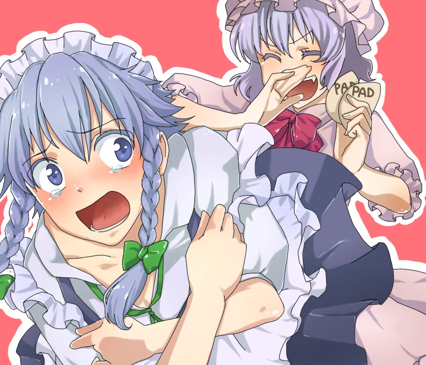 ao bad_id blue_eyes blush braid breast_padding covering fangs hands hat izayoi_sakuya lavender_hair maid multiple_girls pad pappappao remilia_scarlet short_hair silver_hair tears touhou twin_braids