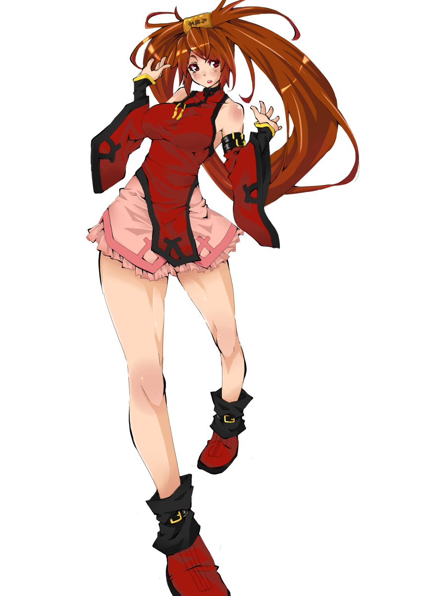 bare_shoulders belt blush breasts brown_hair china_dress chinese_clothes detached_sleeves guilty_gear hair_ring highres kuradoberi_jam large_breasts legs long_hair makai red_eyes sketch skirt solo twintails very_long_hair