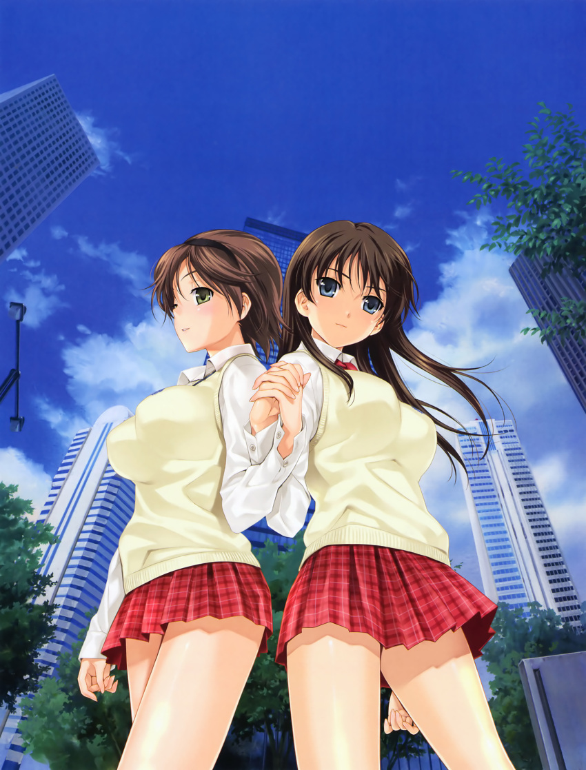 2girls absurdres black_hair black_hairband blue_eyes blue_sky breasts brown_hair building closed_mouth cropped_legs feet_out_of_frame female green_eyes hairband hands_clasped happoubi_jin highres holding_hands honma_natsume interlocked_fingers iseshima_aya large_breasts long_hair long_sleeves miniskirt multiple_girls outdoors plaid plaid_skirt pleated_skirt school_uniform skirt sky standing sweater_vest thighs vest zettai_shougeki