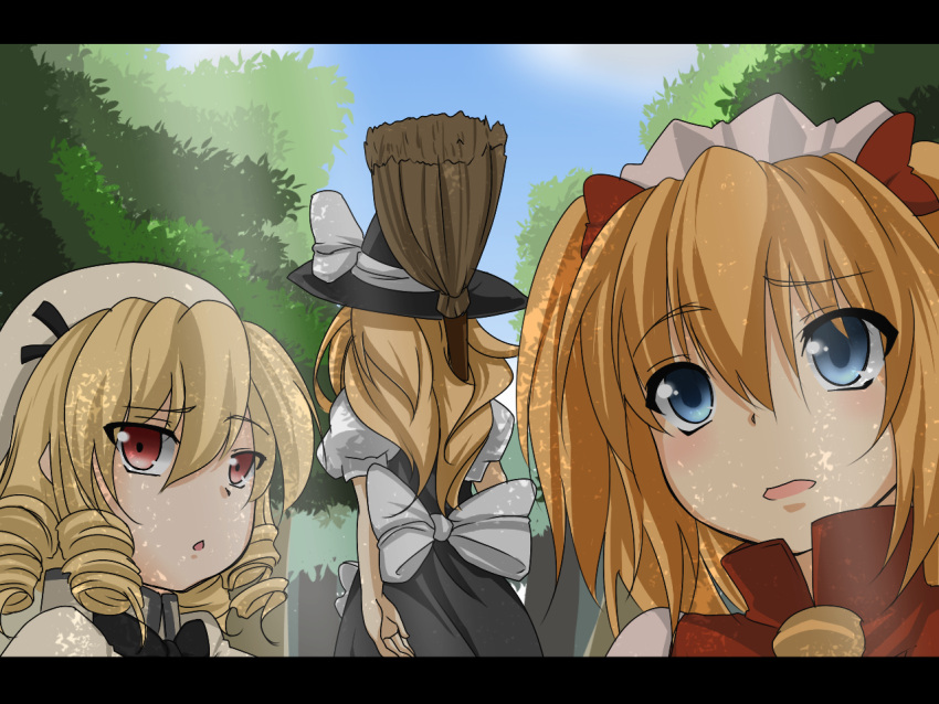 blonde_hair blue_eyes broom drill_hair hair_ribbon hat kamo_(yokaze) kirisame_marisa long_hair luna_child red_eyes ribbon short_hair sunny_milk touhou tree twintails witch_hat