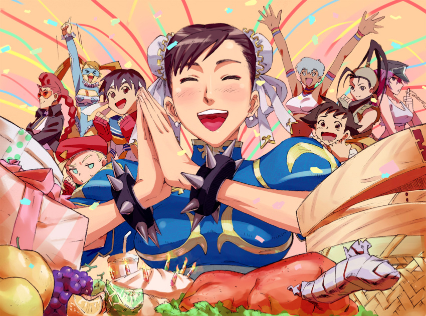 birthday blonde_hair blue_eyes brown_eyes brown_hair cammy_white capcom chun-li crimson_viper elena final_fight food gift hat ibuki jibon kasugano_sakura makoto pink_hair poison poison_(final_fight) pompadour rainbow_mika school_uniform serafuku short_hair street_fighter street_fighter_iii street_fighter_iii:_3rd_strike street_fighter_iv street_fighter_zero