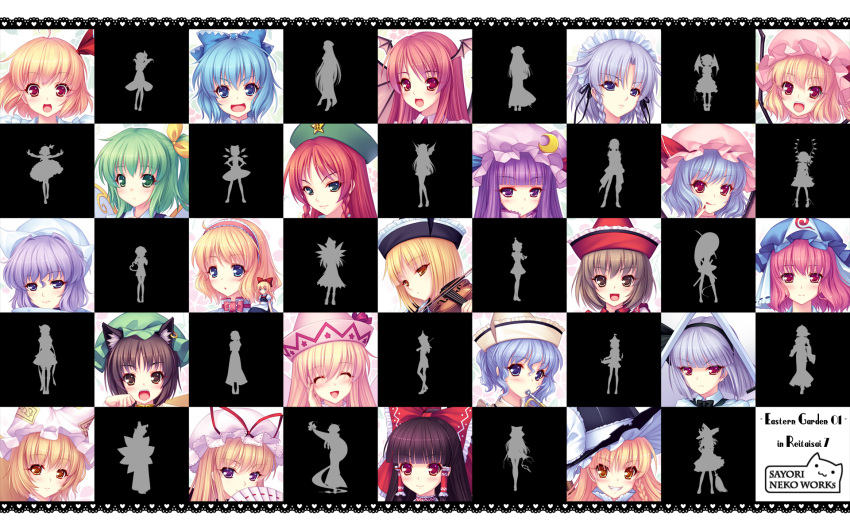 &gt;:) &gt;:d :&lt; :d :o :q ahoge alice_margatroid animal_ears ascot bangs bat_wings blonde_hair blue_eyes blue_hair blunt_bangs blush bow braid broom brown_eyes brown_hair cat_ears cat_tail chen cirno crescent daiyousei dual_wielding earrings english everyone expressionless face fairy_wings fan finger_to_mouth flandre_scarlet folding_fan fox_tail frills gap green_eyes green_hair grin hair_bow hair_ribbon hair_tubes hairband hakurei_reimu hand_on_own_cheek hand_on_own_face hat hat_bow hat_ribbon head_wings heart heart_tail highres hong_meiling instrument izayoi_sakuya japanese_clothes jewelry keyboard_(instrument) kirisame_marisa koakuma konpaku_youmu konpaku_youmu_(ghost) letty_whiterock lily_white long_hair lunasa_prismriver lyrica_prismriver maid maid_headdress merlin_prismriver miko multiple_girls multiple_tails necktie open_mouth orange_eyes outstretched_arms patchouli_knowledge paw_pose pink_hair purple_eyes purple_hair red_eyes red_hair remilia_scarlet ribbon saigyouji_yuyuko sayori shanghai shanghai_doll short_hair side_ponytail silhouette silver_hair smile spread_arms star sword tail tongue touhou trumpet twin_braids very_long_hair vest violin wallpaper weapon wings witch_hat yakumo_ran yakumo_yukari yellow_eyes