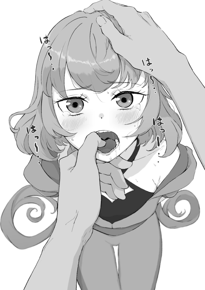 1girl 1other blush copyright_request eyebrows_visible_through_hair finger_in_another's_mouth greyscale headpat highres looking_at_viewer monochrome osame pantyhose sanpaku simple_background sitting solo_focus tears thigh_gap upturned_eyes white_background