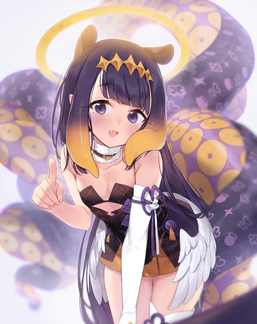 1girl :d animal_ears bangs bare_shoulders black_dress blonde_hair blunt_bangs blush collarbone cowboy_shot detached_sleeves dress eyebrows_visible_through_hair fang feathered_wings flat_chest fur_collar gradient_hair hairband halo highres hololive hololive_english index_finger_raised leaning_forward long_sleeves looking_at_viewer low_wings mole mole_under_eye multicolored_hair ninomae_ina'nis open_mouth purple_hair short_dress simple_background single_detached_sleeve single_thighhigh smile solo takotsu tentacle_hair tentacles thigh-highs thigh_gap virtual_youtuber white_background white_legwear white_wings wings yellow_hairband