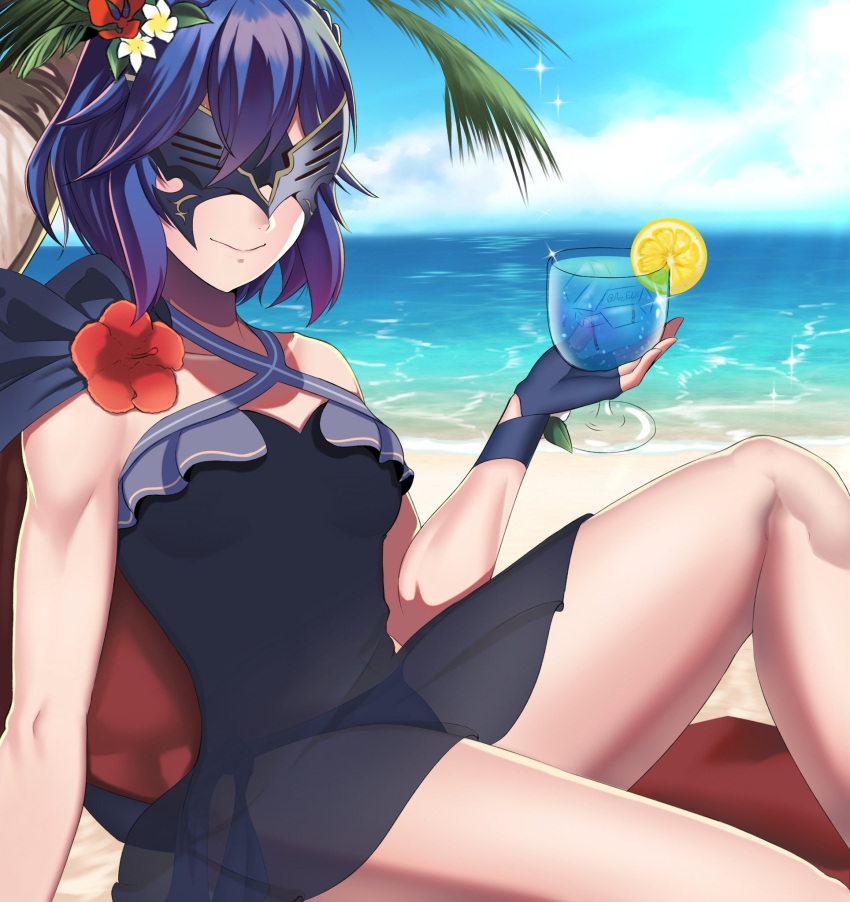 1girl alternate_costume alternate_hairstyle arcedo bangs beach bikini bikini_bottom blue_bikini blue_cape blue_gloves blue_hair blue_sky blue_swimsuit breasts cape clouds cloudy_sky collarbone cup drinking_glass feet_out_of_frame fingerless_gloves fire_emblem fire_emblem_awakening fire_emblem_heroes flower gloves gradient_hair hair_flower hair_ornament halterneck hand_up highres holding leaning_back legs looking_at_viewer lucina_(fire_emblem) marth_(fire_emblem_awakening) mask multicolored_hair official_alternate_costume purple_hair red_flower see-through short_hair side-tie_bikini sidelocks sitting sky small_breasts smile solo swimsuit thighs