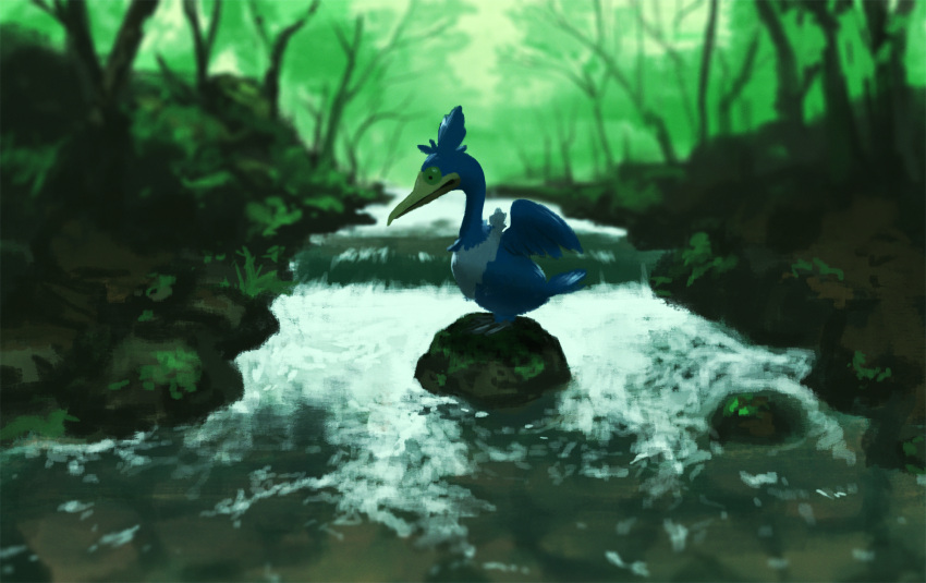 bird closed_mouth commentary_request cramorant day forest from_side highres nature no_humans one-hour_drawing_challenge outdoors pokemon pokemon_(creature) rend river rock solo tree water