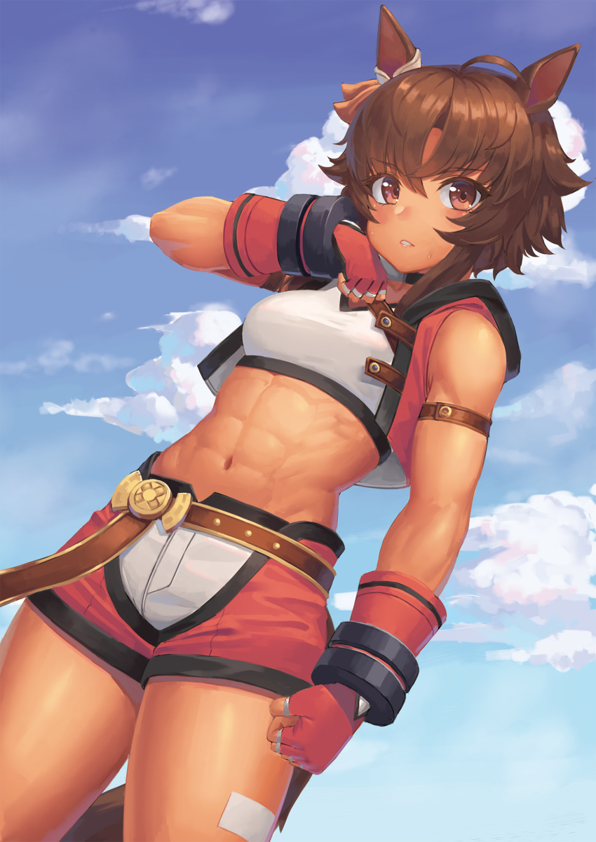 1girl abs bangs bare_shoulders bitter_glasse_(umamusume) blue_sky blush breasts clouds collarbone commentary_request cowboy_shot day eyebrows_visible_through_hair hair_between_eyes highres horse_girl looking_at_viewer midriff navel parted_lips partial_commentary ranma_(kamenrideroz) sidelocks sky solo standing umamusume