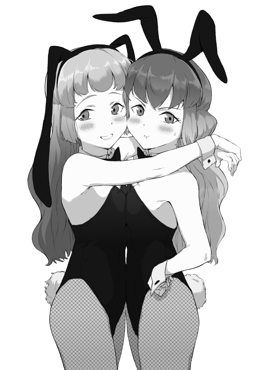2girls animal_ears blush bow bowtie breast_press breasts copyright_request cowboy_shot dot_nose fishnet_legwear fishnets from_side greyscale hairband highleg highleg_leotard highres hug leotard long_hair looking_at_viewer looking_to_the_side monochrome multiple_girls osame pantyhose playboy_bunny rabbit_ears rabbit_tail simple_background small_breasts smile strapless strapless_leotard symmetrical_docking tail white_background wrist_cuffs