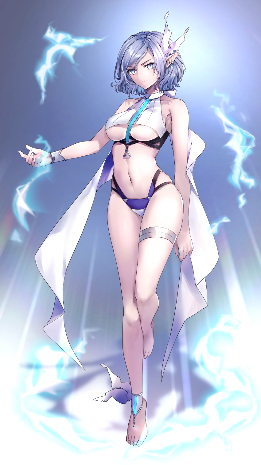 1girl absurdres bangs bare_arms bare_shoulders barefoot bikini blue_bikini blue_eyes blue_hair breasts eyebrows_visible_through_hair full_body hane_yuki highres large_breasts looking_at_viewer navel original shadow short_hair solo standing swimsuit thigh_strap thighs under_boob