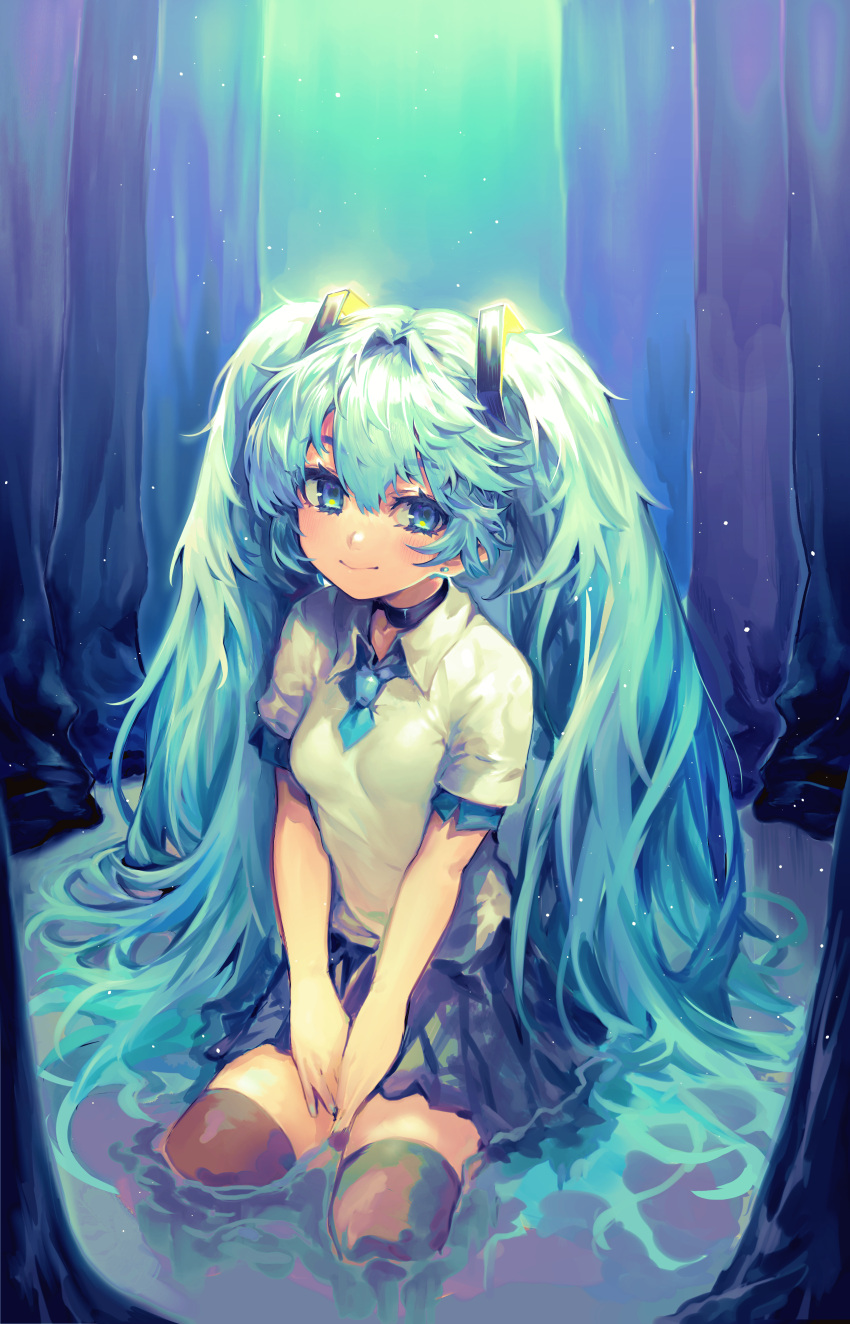 1girl absurdres bangs black_choker black_skirt blonde_hair breasts brown_legwear choker closed_mouth collared_shirt commentary_request eyebrows_visible_through_hair glowing green_eyes hair_between_eyes hatsune_miku highres long_hair looking_at_viewer maido_mido pleated_skirt seiza shallow_water shirt short_sleeves sitting skirt small_breasts smile solo thigh-highs tree twintails v_arms very_long_hair vocaloid water white_shirt