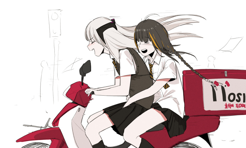 2girls :d ahoge beak_(girls'_frontline) black_skirt blush braid collared_shirt driving eyebrows_visible_through_hair from_side girls_frontline grey_hair ground_vehicle highres huqu korean_text long_hair m16a1_(girls'_frontline) miniskirt motor_vehicle multiple_girls necktie open_mouth pleated_skirt profile school_uniform scooter shirt short_sleeves simple_background skirt smile striped striped_neckwear sweater_vest twintails white_background white_shirt wing_collar