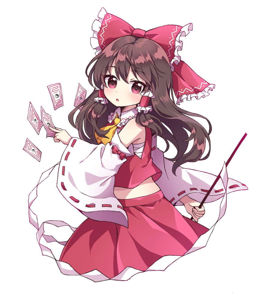 1girl ascot between_fingers bow brown_hair caramell0501 detached_sleeves eyebrows_visible_through_hair gohei hair_between_eyes hair_bow hair_tubes hakurei_reimu highres long_hair long_sleeves looking_at_viewer nontraditional_miko ofuda open_mouth red_eyes red_skirt red_vest ribbon-trimmed_sleeves ribbon_trim sarashi simple_background skirt solo touhou vest white_background yellow_neckwear