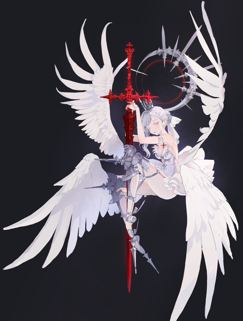 1girl absurdres angel angel_wings armband armor arms_up bare_shoulders black_background braid breasts commentary_request crown dress feathered_wings footwear_ribbon french_braid full_body grey_eyes hair_behind_ear half-closed_eyes halo highres holding holding_sword holding_weapon korean_commentary leotard looking_at_viewer low_wings medium_breasts multiple_wings okku original oversized_object pointe_shoes silver_hair simple_background single_sidelock solo strapless strapless_leotard sword weapon white_dress white_legwear white_theme white_wings wings