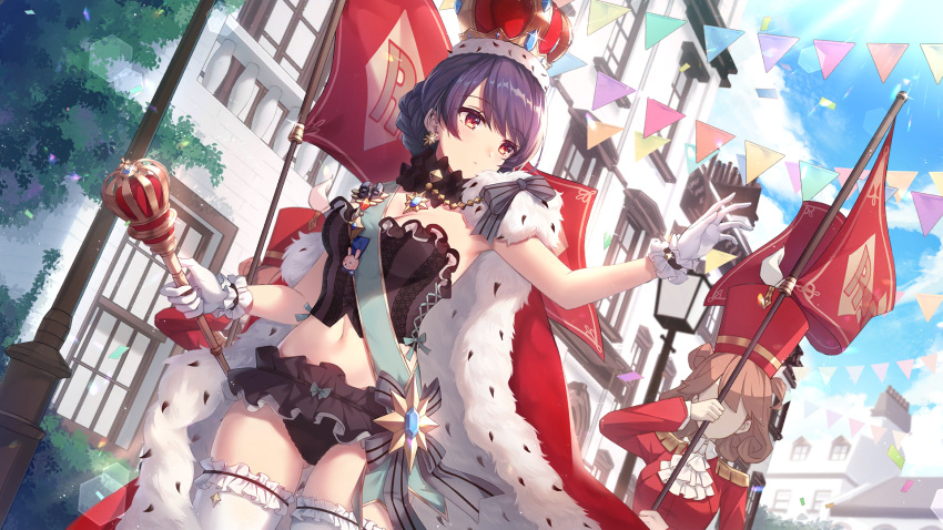 2girls armpits ass_visible_through_thighs bare_arms bison_cangshu black_hair black_panties black_shirt black_skirt braid breasts cape cowboy_shot crop_top crown day flag frilled_shirt frills fur_cape girl_cafe_gun gloves hat highres holding medium_breasts microskirt midriff multiple_girls navel official_art outdoors outstretched_arm panties red_eyes red_headwear revealing_clothes sash shi_wuxia shirt single_braid skirt solo_focus stomach strapless strapless_shirt su_xiaozhen thighs tied_hair tube_top underwear wand white_gloves white_legwear