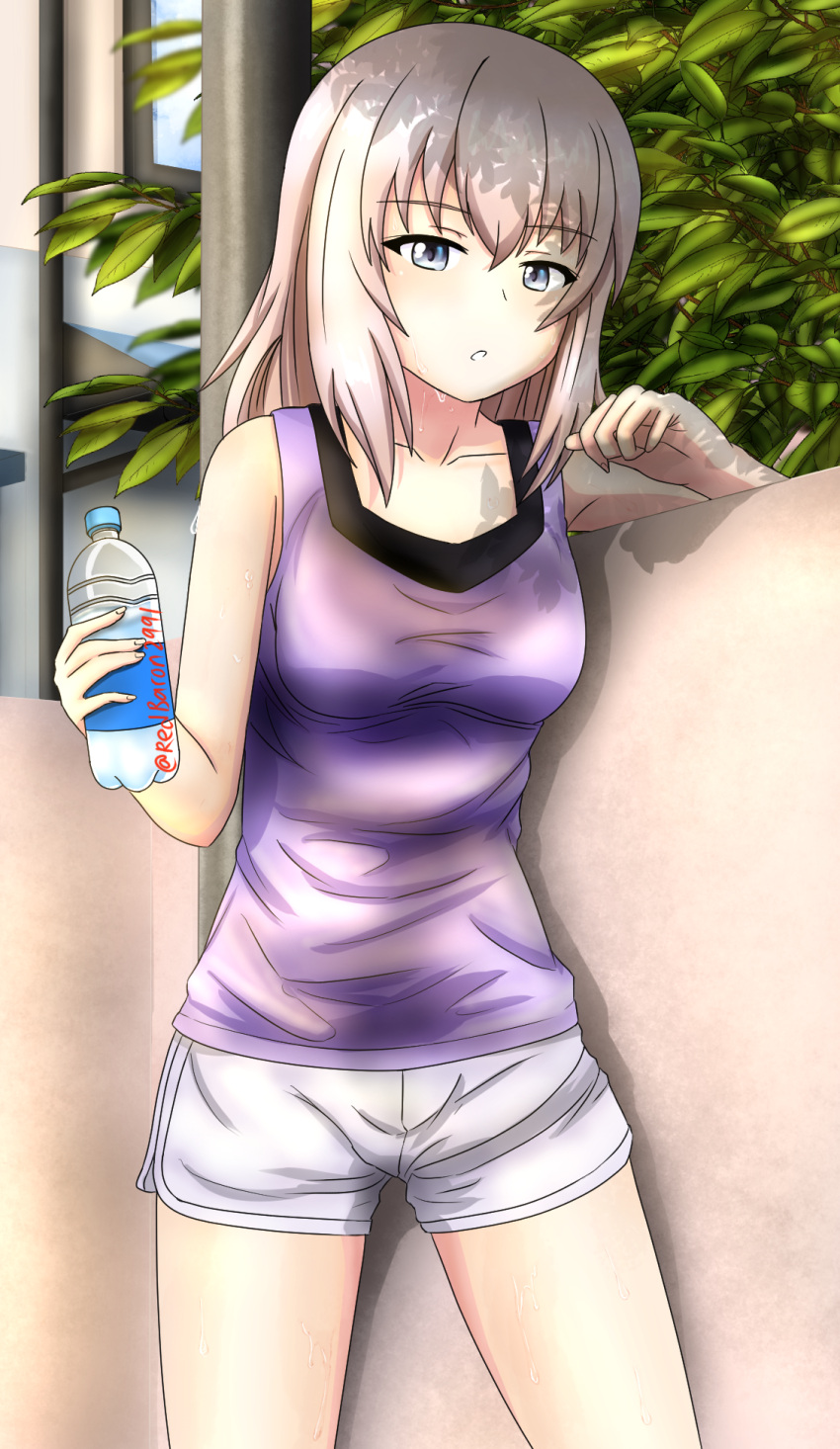 1girl :o bangs blue_eyes bottle commentary cowboy_shot day dolphin_shorts eyebrows_visible_through_hair girls_und_panzer half-closed_eyes highres holding holding_bottle itsumi_erika looking_at_viewer medium_hair outdoors parted_lips plant purple_shirt redbaron shade shirt short_shorts shorts silver_hair solo sportswear standing sweat tank_top water_bottle white_shorts