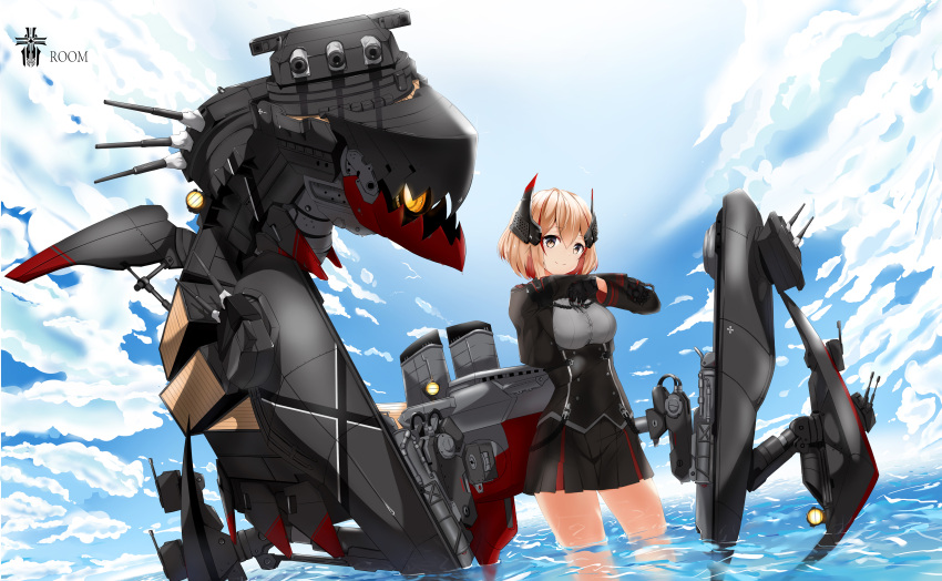 1girl absurdres azur_lane bangs black_gloves blue_sky brown_eyes brown_hair character_name clouds cloudy_sky commentary_request eyebrows_visible_through_hair gloves hair_between_eyes headgear highres horizon in_water iron_blood_(emblem) iron_cross long_sleeves looking_at_viewer machinery multicolored_hair ocean pleated_skirt qing_wu roon_(azur_lane) short_hair sidelocks skirt sky smile solo streaked_hair turret two-tone_hair typo