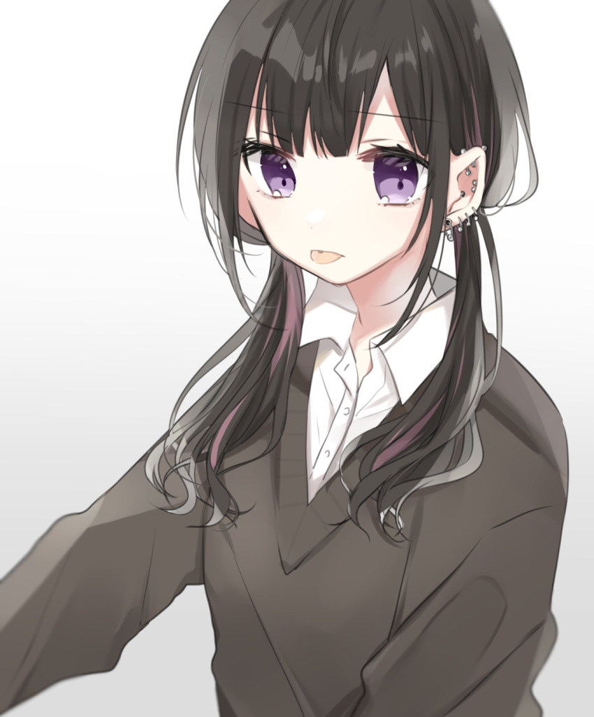 1girl bangs black_hair black_sweater closed_mouth collared_shirt commentary_request dress_shirt ear_piercing earrings eyebrows_visible_through_hair gradient gradient_background grey_background hachimitsu_honey highres jewelry long_hair looking_at_viewer low_twintails original piercing pointy_ears shirt solo sweater tongue tongue_out twintails upper_body violet_eyes white_background white_shirt