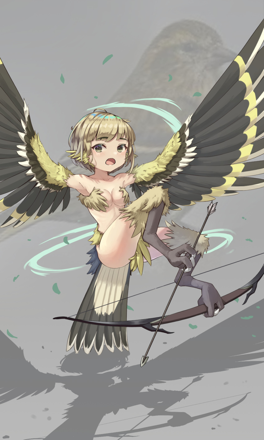 1girl animal animal_background animal_feet arrow_(projectile) bird bird_legs bird_tail black_feathers black_wings blonde_hair bow_(weapon) breasts commentary_request creature_and_personification eyebrows_visible_through_hair foot_hold harpy highres holding holding_arrow holding_bow_(weapon) holding_weapon monster_girl multicolored multicolored_wings open_mouth original shadow short_hair small_breasts solo tail tail_feathers talons weapon winged_arms wings xiao_xiao_tian yellow_eyes yellow_feathers