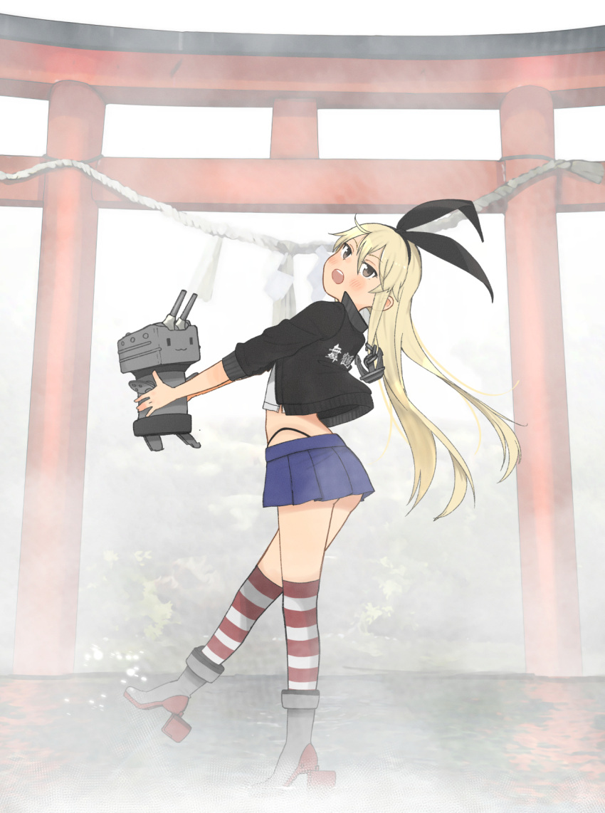 1girl arched_back black_hairband black_jacket black_panties blonde_hair blue_skirt commentary_request crop_top elbow_gloves fog full_body gloves grey_eyes hairband highleg highleg_panties highres jacket kantai_collection kitsuneno_denpachi long_hair looking_at_viewer microskirt midriff miniskirt open_mouth panties pleated_skirt rensouhou-chan round_teeth shimakaze_(kancolle) skirt striped striped_legwear teeth thigh-highs torii underwear upper_teeth white_gloves