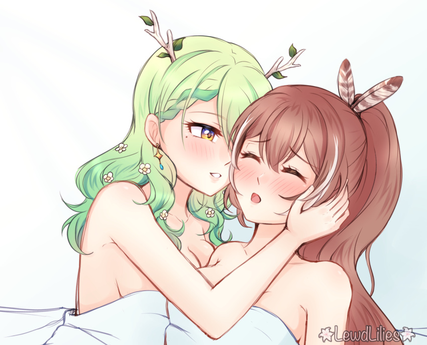2girls antlers artist_name blanket braid brown_hair ceres_fauna closed_eyes collarbone commentary crown_braid english_commentary feather_hair_ornament feathers gradient gradient_background gradient_hair green_hair hair_ornament highres hololive hololive_english leaf lewdlilies long_hair looking_at_another mole mole_under_eye multicolored_hair multiple_girls nanashi_mumei nude open_mouth ponytail virtual_youtuber white_background white_hair yuri