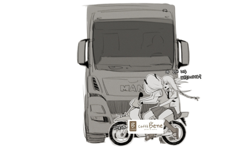 &gt;_&lt; 2girls :d beak_(girls'_frontline) driving girls_frontline ground_vehicle highres huqu korean_text long_hair m16a1_(girls'_frontline) miniskirt motor_vehicle multiple_girls open_mouth pleated_skirt scooter simple_background skirt smile sweater_vest truck twintails white_background