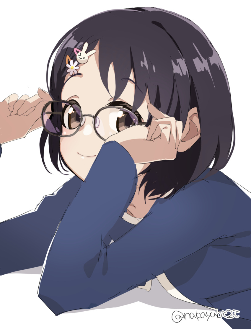 1girl bespectacled black_hair blue_cardigan cardigan glasses hair_ornament hairclip highres holding holding_eyewear idolmaster idolmaster_cinderella_girls idolmaster_cinderella_girls_starlight_stage kinme leaning_forward long_sleeves looking_at_viewer looking_to_the_side sasaki_chie short_hair simple_background sketch smile twitter_username upper_body