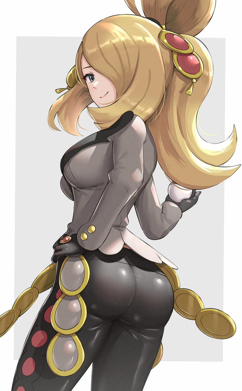 1girl absurdres ass black_gloves black_pants blonde_hair border breasts cynthia_(pokemon) gloves gonzarez grey_eyes grey_jacket hair_ornament hair_over_one_eye hand_on_hip highres holding holding_poke_ball jacket long_hair long_sleeves official_alternate_costume official_alternate_hairstyle pants poke_ball pokemon pokemon_(game) pokemon_masters_ex solo tied_hair tight tight_pants white_border