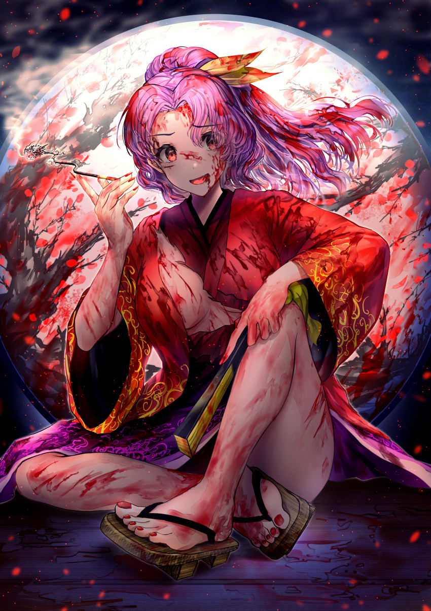 1girl absurdres bangs blood blood_on_arm blood_on_clothes blood_on_face blood_on_hands blood_on_leg breasts brown_footwear cigarette eyebrows_visible_through_hair eyes_visible_through_hair hair_between_eyes hair_ribbon hand_fan hand_up highres holding huge_filesize japanese_clothes kimono komakusa_sannyo long_hair long_sleeves looking_at_viewer medium_breasts moon multicolored multicolored_clothes multicolored_kimono night night_sky open_mouth ponytail purple_hair purple_kimono red_eyes red_kimono red_nails red_sleeves ribbon sitting sky slippers smile solo tabiji_(tabiji_s) touhou yellow_ribbon