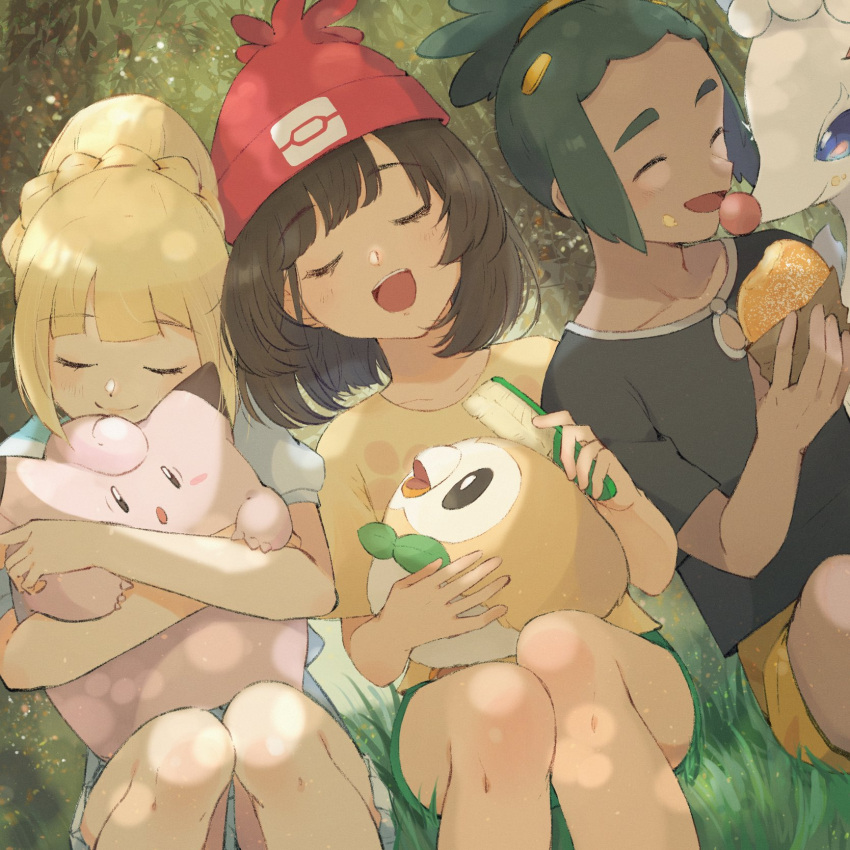 1boy 2girls bangs beanie black_shirt blonde_hair blush braid brushing clefairy closed_eyes closed_mouth collarbone commentary_request dark-skinned_male dark_skin day eating eyebrows_visible_through_hair eyelashes food food_on_face french_braid grass green_hair green_shorts hat hau_(pokemon) high_ponytail highres hiryoou holding holding_brush holding_pokemon knees leaf lillie_(pokemon) long_hair malasada multiple_girls open_mouth orange_shorts outdoors pleated_skirt pokemon pokemon_(creature) pokemon_(game) pokemon_sm primarina red_headwear rowlet selene_(pokemon) shirt short_ponytail short_shorts short_sleeves shorts sitting skirt smile t-shirt tongue upper_teeth white_shirt white_skirt