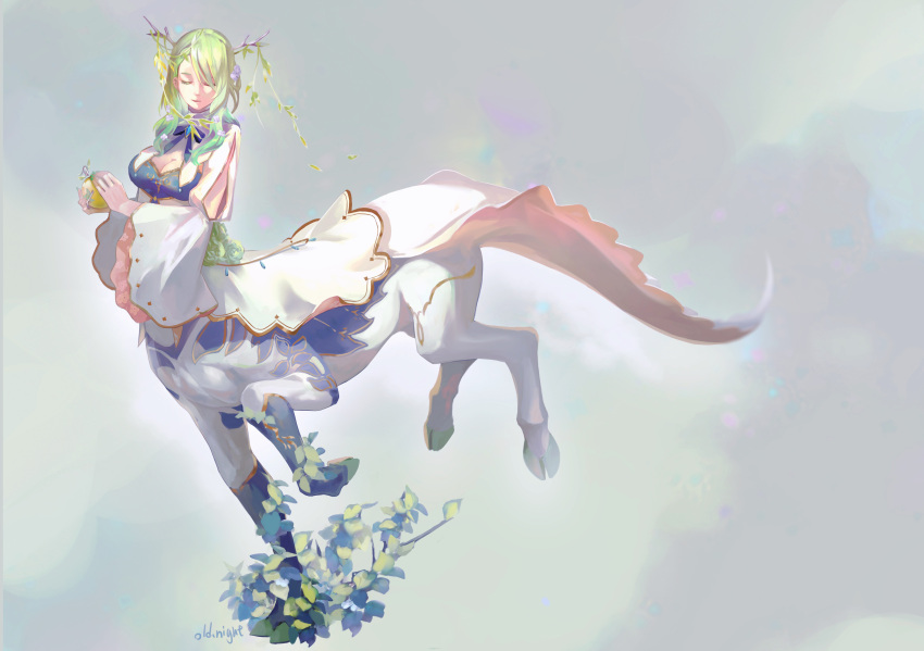 1girl absurdres antlers apple asymmetrical_bangs bangs blonde_hair centaur ceres_fauna closed_eyes flower food fruit golden_apple green_hair green_nails hair_flower hair_ornament highres holding holding_food hololive hololive_english leaf multicolored_hair nail_polish night-old ribbon smile solo taur virtual_youtuber