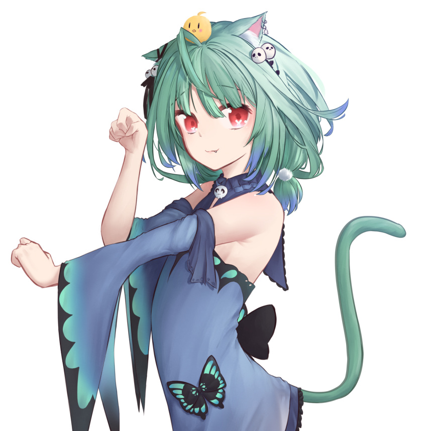 1girl :3 ahoge animal_ears animal_on_head animal_print bare_shoulders bird bird_on_head blue_dress blue_hair blue_sleeves brooch butterfly_print cat_ears cat_girl cat_tail chick closed_mouth cowboy_shot detached_collar detached_sleeves dress dress_bow ear_piercing ear_ribbon eyebrows_visible_through_hair fang fang_out from_side gradient_hair green_hair hair_ornament hair_ribbon highres hololive jewelry long_sleeves looking_at_viewer low_twintails medium_hair multicolored_hair on_head paw_pose piercing piyoko_(uruha_rushia) pom_pom_(clothes) pom_pom_hair_ornament quinn_(eg_bread) red_eyes ribbon short_dress short_twintails simple_background skull_hair_ornament smile solo strapless strapless_dress tail twintails uruha_rushia virtual_youtuber white_background wide_sleeves