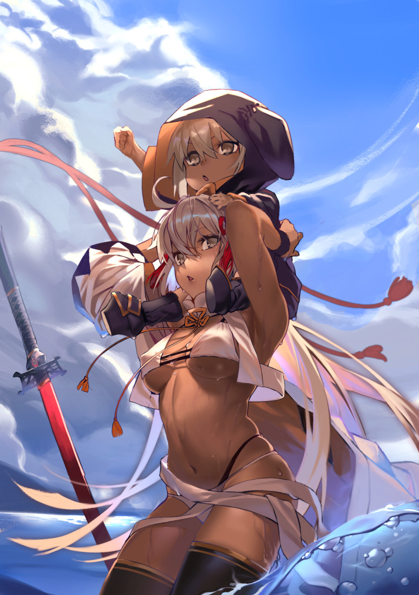 2girls :o absurdres ahoge animal_hood arm_up armpits arms_up bangs bikini black_footwear black_legwear boots breasts brown_eyes brown_hair carrying character_request child clenched_hand clouds cloudy_sky dark-skinned_female dark_skin day detached_collar fate/grand_order fate_(series) hair_between_eyes hair_ribbon highres hiro_(hirohiro_gorira) hood hood_up long_sleeves medium_breasts multi-strapped_bikini multiple_girls navel okita_souji_(alter)_(fate) okita_souji_(fate)_(all) okita_souji_(swimsuit_assassin)_(fate) open_mouth outdoors piggyback planted planted_sword red_ribbon ribbon skindentation sky stomach swimsuit sword tassel thigh-highs thigh_boots under_boob v-shaped_eyebrows water weapon white_bikini