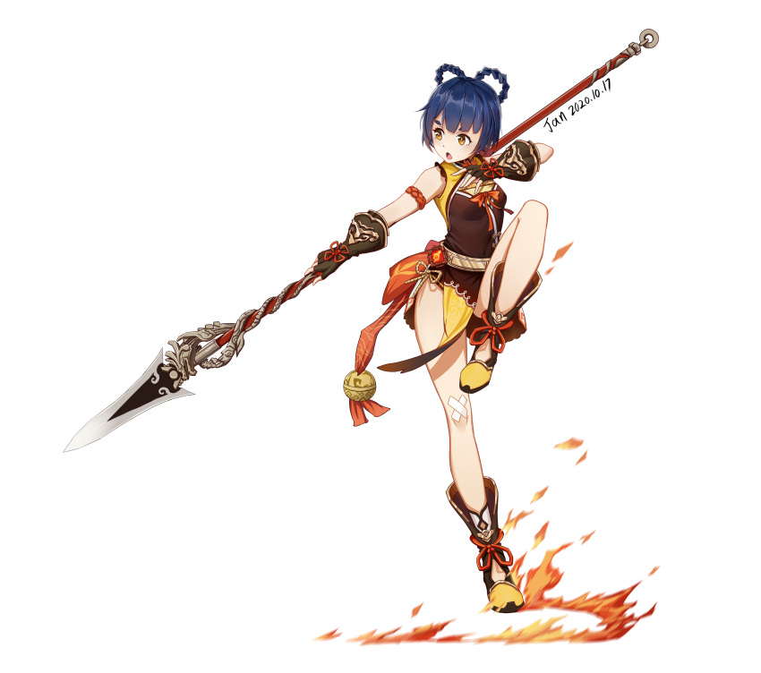 1girl bandaid bandaid_on_knee bare_shoulders black_footwear black_gloves boots breasts chinese_clothes dark_blue_hair fingerless_gloves fire full_body genshin_impact gloves hair_rings highres holding holding_polearm holding_spear holding_weapon huoweijian knee_up looking_to_the_side open_mouth polearm short_hair simple_background small_breasts solo spear thick_eyebrows vision_(genshin_impact) weapon white_background xiangling_(genshin_impact) yellow_eyes